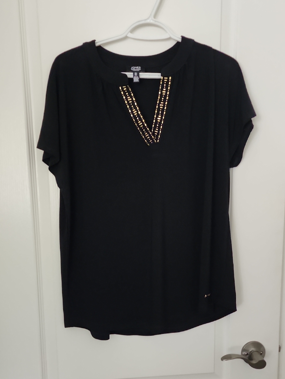 Jones New York Black Short Sleeve Tee with Gold Stud Trim